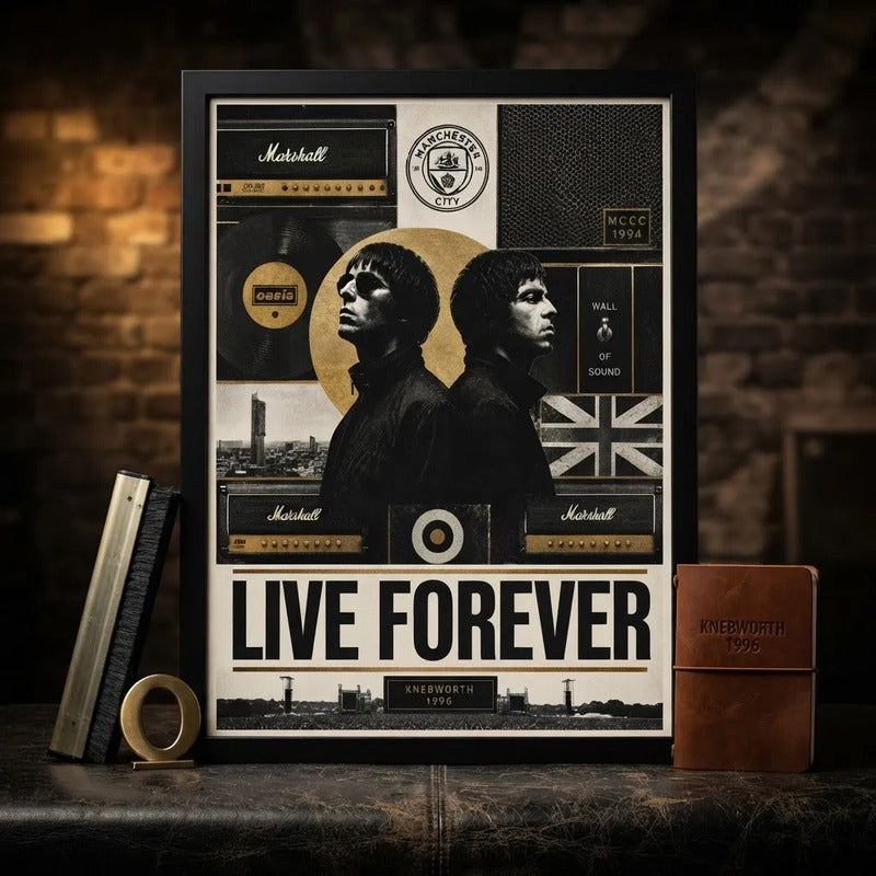 Cuadro Oasis Live Forever Manchester City Futbol Arte Rock Marco Negro
