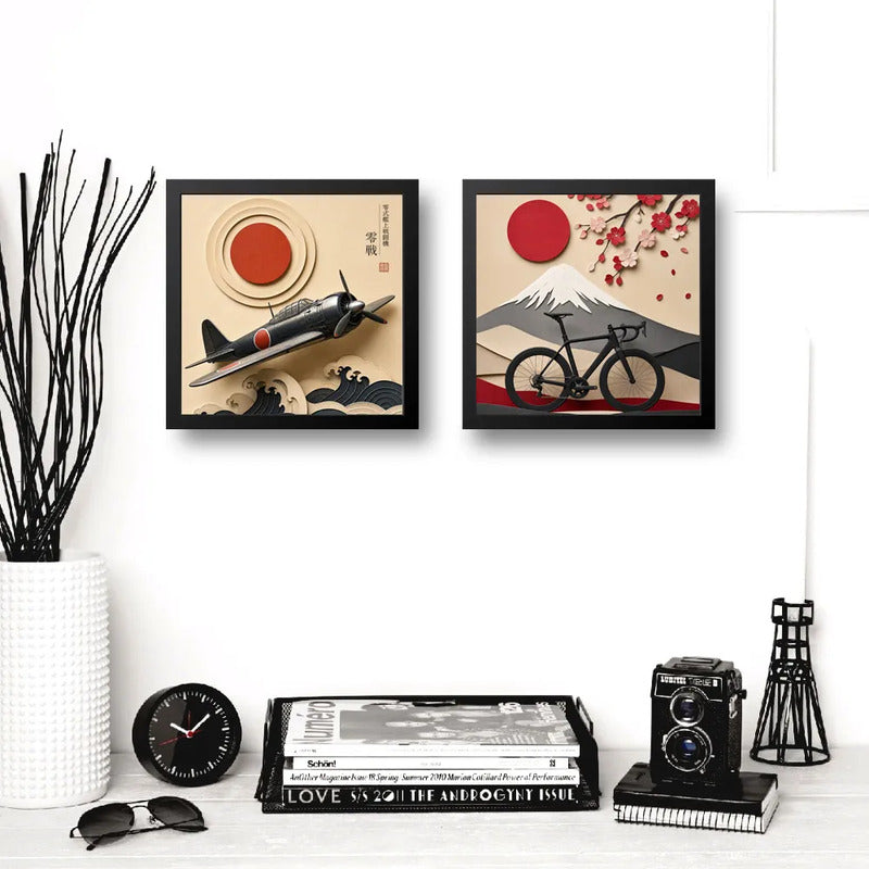 Set 2 Cuadros Avion Y Bicicleta Arte Japones Efecto 3d Marco Negro