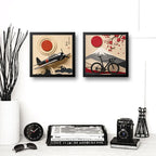 Set 2 Cuadros Avion Y Bicicleta Arte Japones Efecto 3d Marco Negro