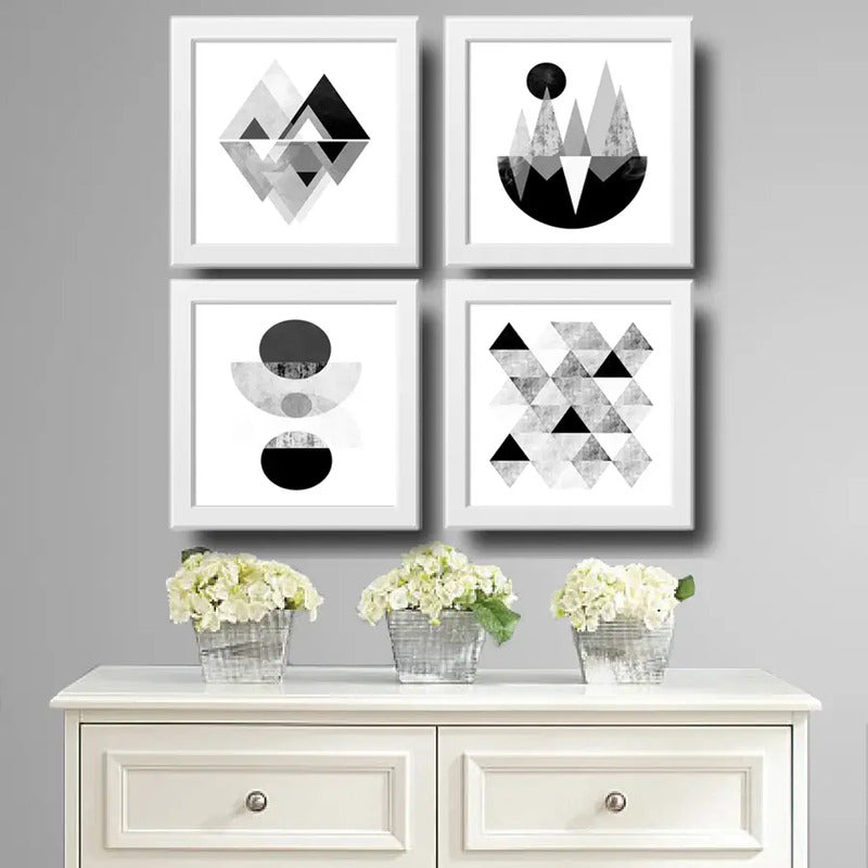 Set 4 Cuadros Geometrico Escandinavo Abstracto Blanco Negro