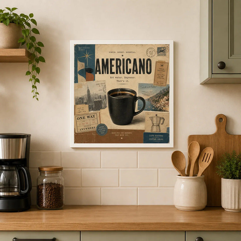Cuadro Living Comedor Cocina Café Americano Coffee B 33x33cm Marco Blanco