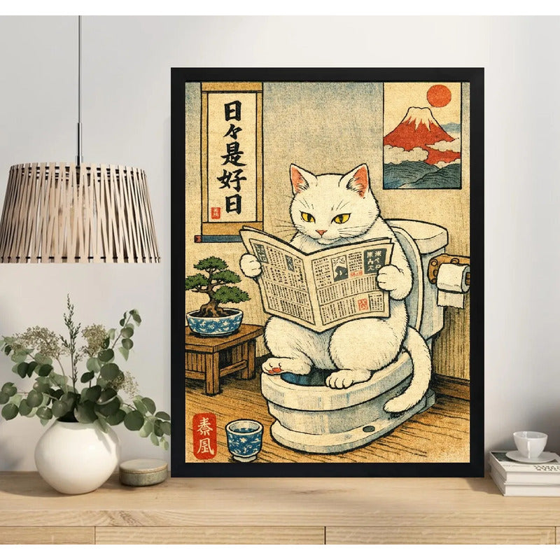 Cuadro Gato Blanco Bano Bonsai Arbol Japón Monte Fuji Arte Marco Negro