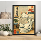 Cuadro Gato Blanco Bano Bonsai Arbol Japón Monte Fuji Arte Marco Negro