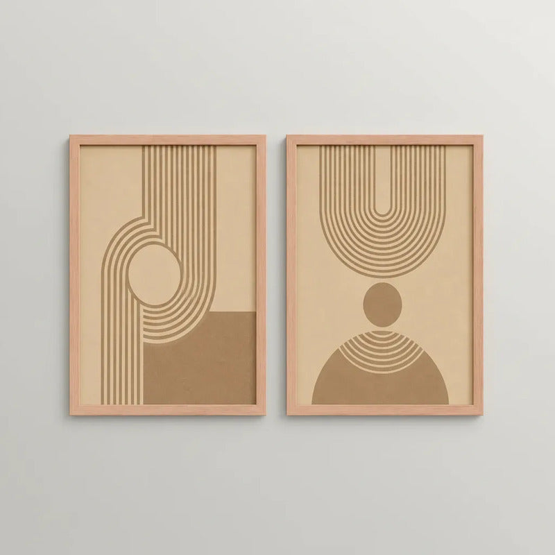 Set 2 Cuadros Dormitorio Living Boho Arcos Y Círculos Beige Marco Marrón Claro