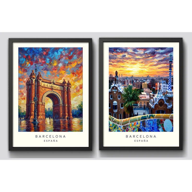 Set 2 Cuadros Barcelona Espana Park Güell Arco Del Triunfo Marco Negro