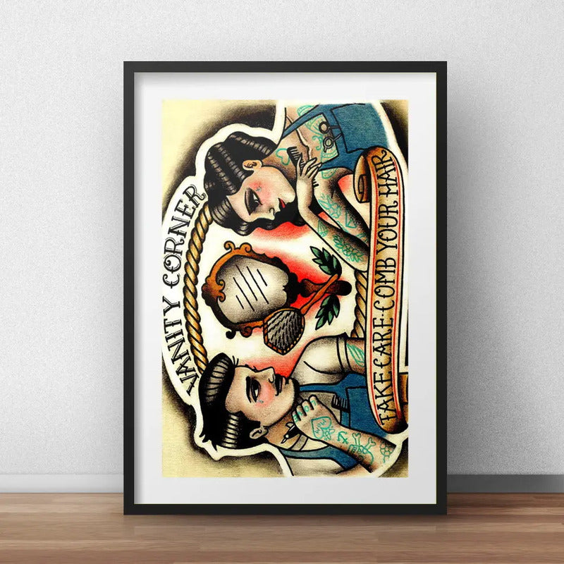 Cuadro Barbero Retro Tattoo Old School Barberia Paspartú Br3 Marco Negro