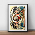 Cuadro Barbero Retro Tattoo Old School Barberia Paspartú Br3 Marco Negro