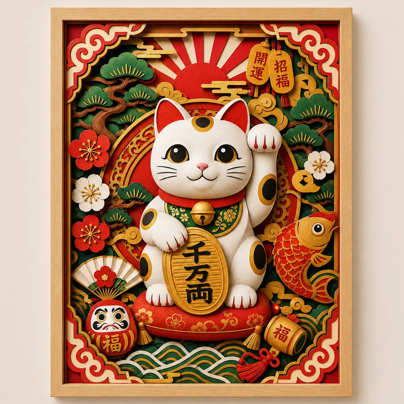 Cuadro Gato De La Suerte Efecto 3d Arte Japones Elementos Marco Marrón Claro
