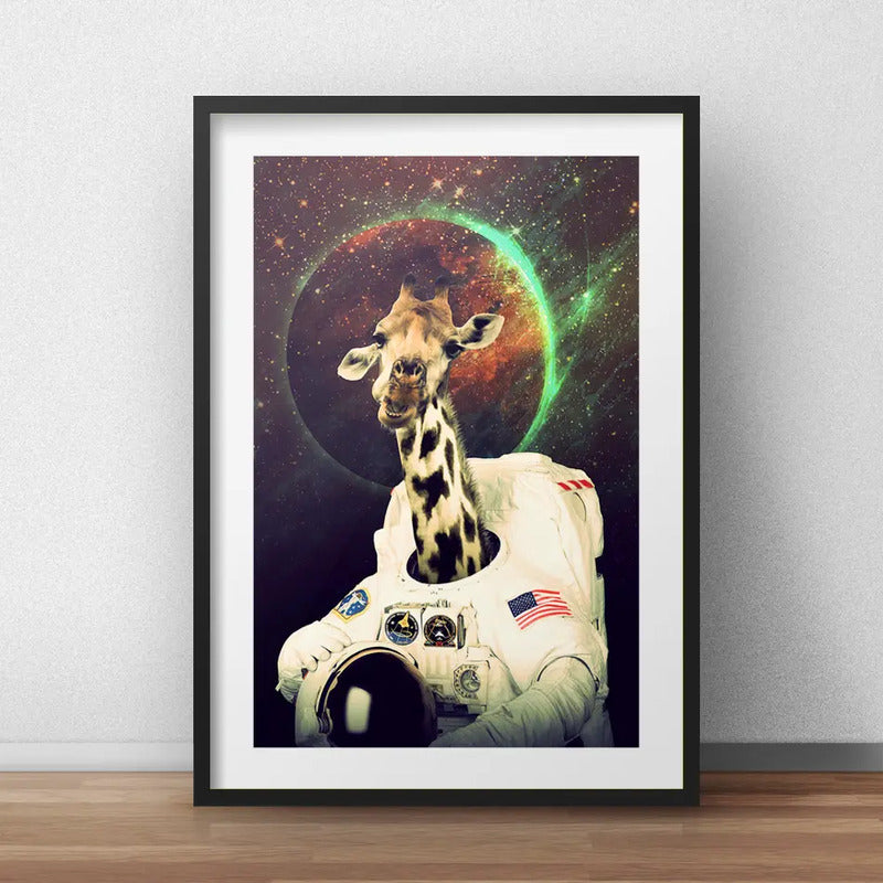 Cuadro Jirafa Astronauta Luna Nasa Decoracion Con Paspartú Marco Negro