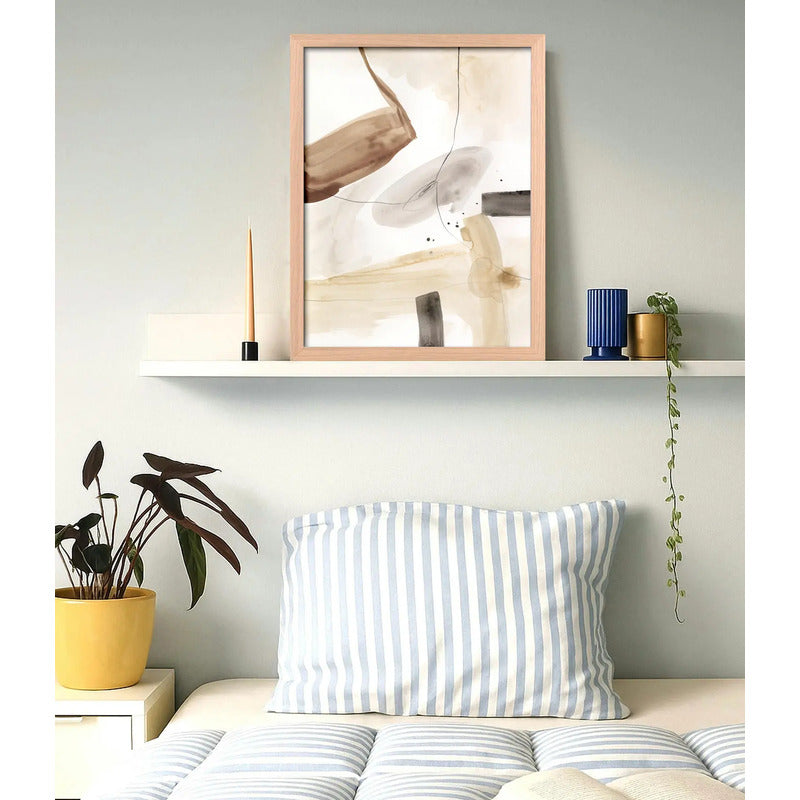 Cuadro Dormitorio Living Boho Abstracto Beige Acuarela Oak Marco Marrón Claro