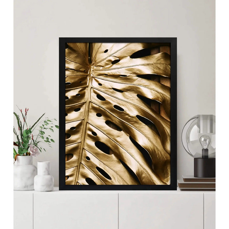 Cuadro Hoja Dorada Lujo Gold Botanico Planta Arte Decoracion Marco Negro
