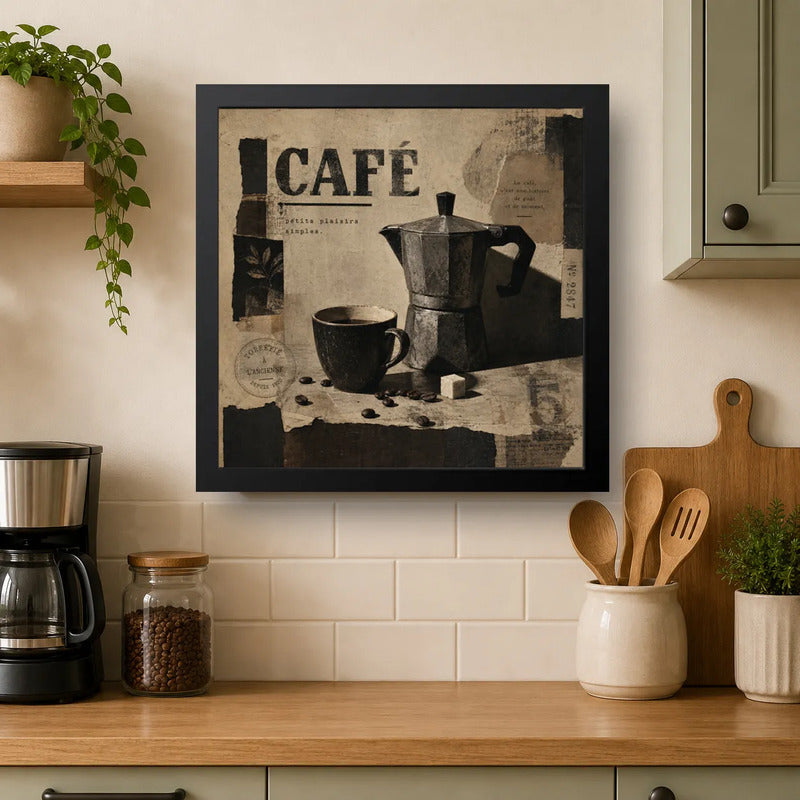 Cuadro Living Comedor Cocina Café Cafetera Moka 33x33cm Marco Negro
