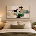 Cuadro Dormitorio Living Boho Abstract Trazos Verdes Grande Marco Marrón Claro