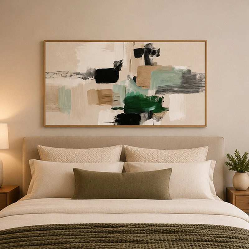 Cuadro Dormitorio Living Boho Abstract Trazos Verdes Grande Marco Marrón Claro