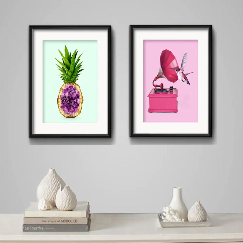 Set 2 Cuadros Pop Art Ananá Amatista Gramófono Con Paspartú