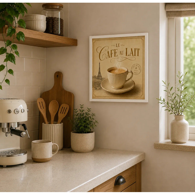 Cuadro Living Comedor Cocina Café Paris Au Lait 33x33cm Marco Blanco