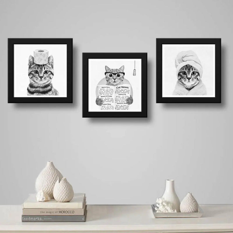 Set 3 Cuadros Gato Baño Blanco Y Negro Mascota Pet Decora