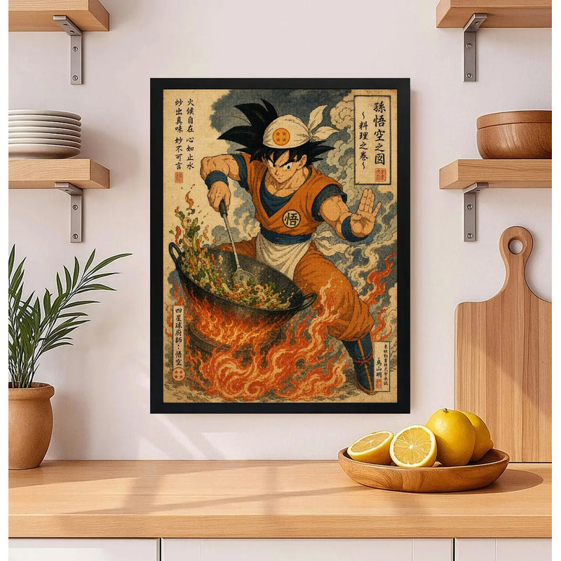 Cuadro Goku Cocinando Ramen Comida Arte Japones Cocina Anime Marco Negro