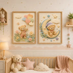 Set 2 Cuadros Infantil Bebe Oso Globos Floral Efecto 3d Marco Madera Oak Madera Clara