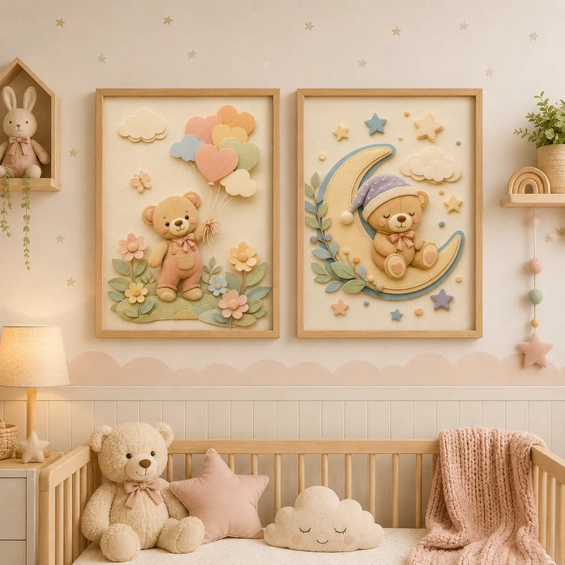Set 2 Cuadros Infantil Bebe Oso Globos Floral Efecto 3d Marco Madera Oak Madera Clara