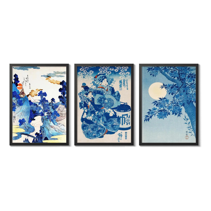 Set 3 Cuadros Arte Japones Utagawa Kuniyoshi Tonos De Azul Samurai Kabuki Paisajes Con Marco Negro