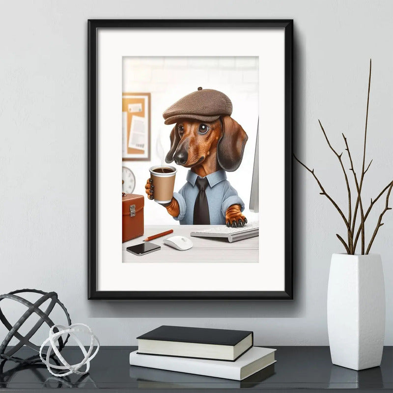 Cuadro Perro Dachshund Salchicha Tomando Cafe 1 Con Paspartú Marco Negro