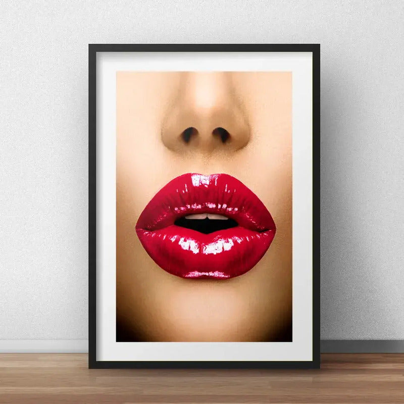 Cuadro Boca Roja Fashion Maquillaje Decoracion Con Paspartú Marco Negro