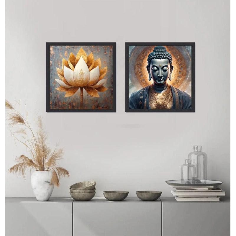 Set 2 Cuadros Buda Flor De Loto Feng Shui Zen Casa - 33x33cm Buda Yoga Negro