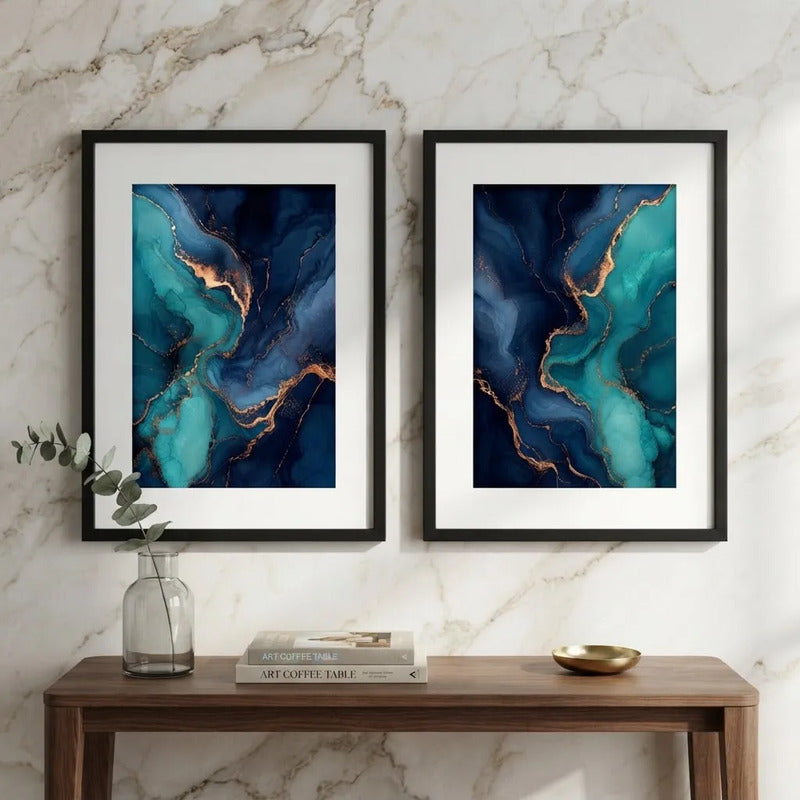 Set 2 Cuadros Abstracto Mármol Azul Turquesa Con Paspartu 43x33cm Cada Cuadro Negro