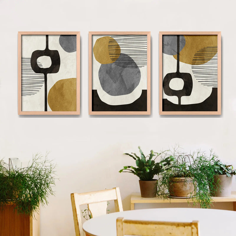 Set 3 Cuadros Dormitorio Living Boho Abstract Tonos Terrosos Marco Madera Natural Oak