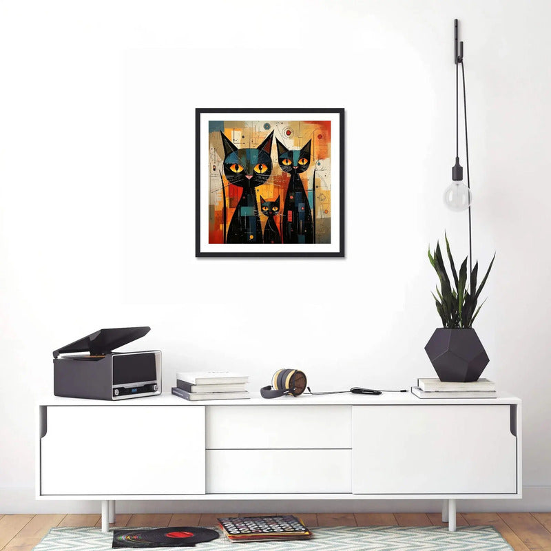 Cuadro 3 Gatos Negros Arte Abstracto Decoracion - 33x33cm Marco Negro