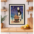 Cuadro Gato Negro Chef Asado Cocina Noche Luna Japón Arte Marco Negro