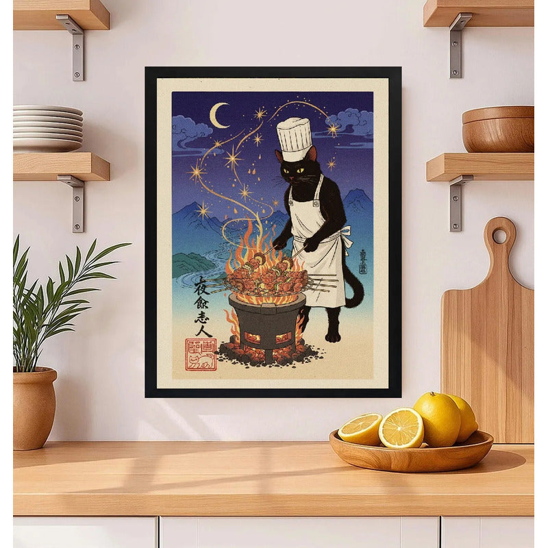 Cuadro Gato Negro Chef Asado Cocina Noche Luna Japón Arte Marco Negro