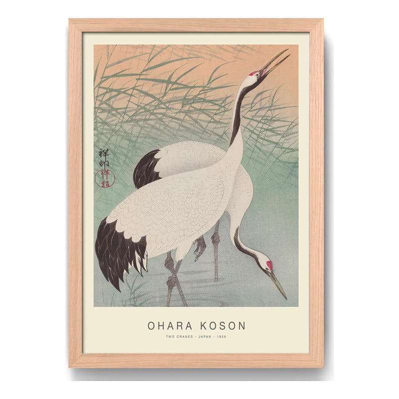 Cuadro Ohara Koson Dos Grullas Aves Arte Japones Marco Oak Marco Marrón Claro