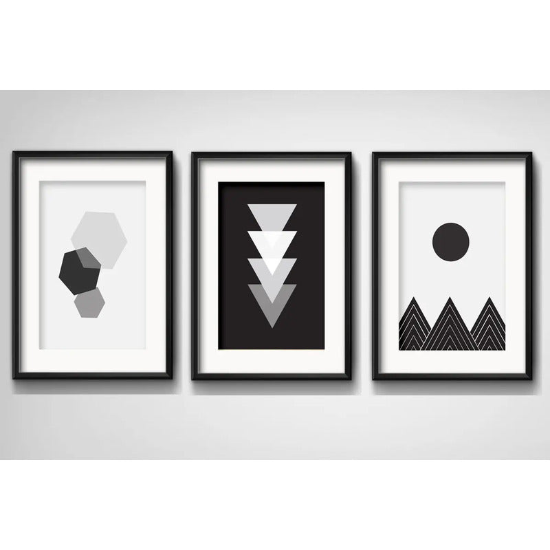 Set 3 Cuadros Geometrico Blanco Negro Escandinavo Paspartu