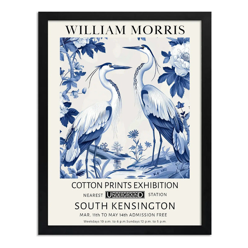 Cuadro Garzas Botanico William Morris En Azul Y Blanco Arte Marco Negro