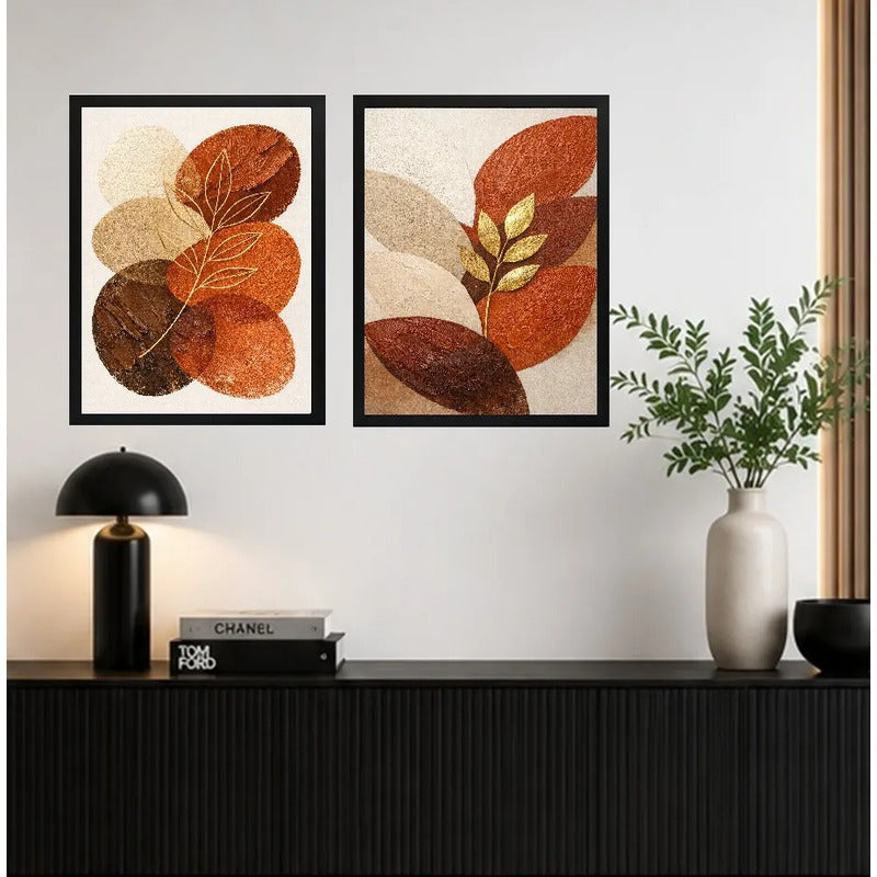 Set 2 Cuadros Boho Abstracto Hojas Doradas Terracota Living Marco Negro