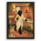 Cuadro Gato Negro Con Bata De Baño Boho Decoracion Marco Negro