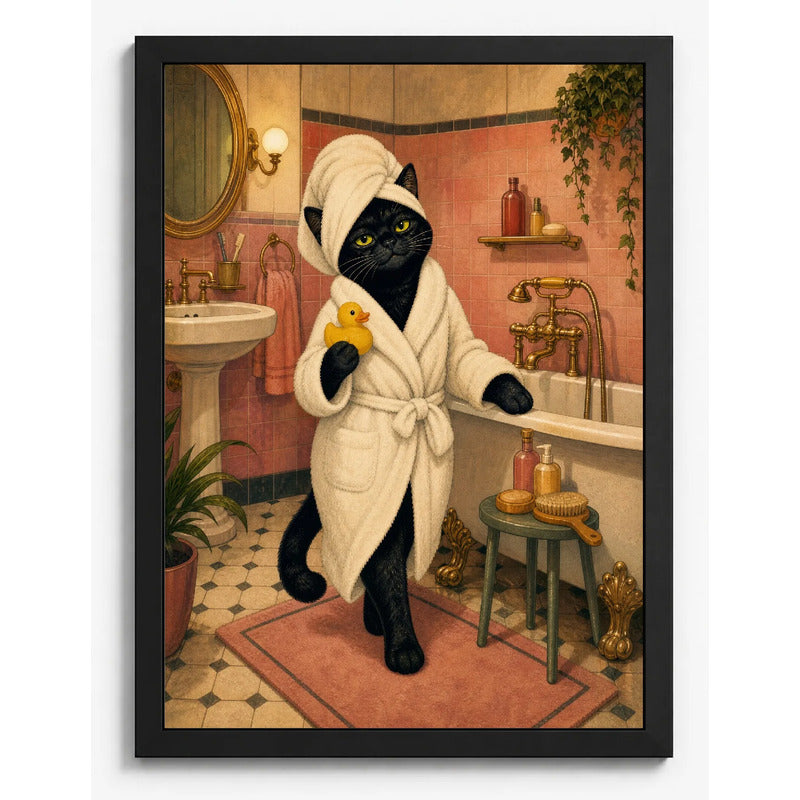 Cuadro Gato Negro Con Bata De Baño Boho Decoracion Marco Negro