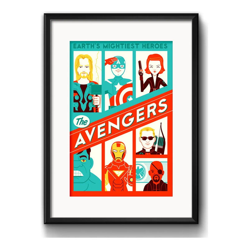 Cuadro The Avengers Minimalista Comics Heroes Con Paspartú Marco Negro