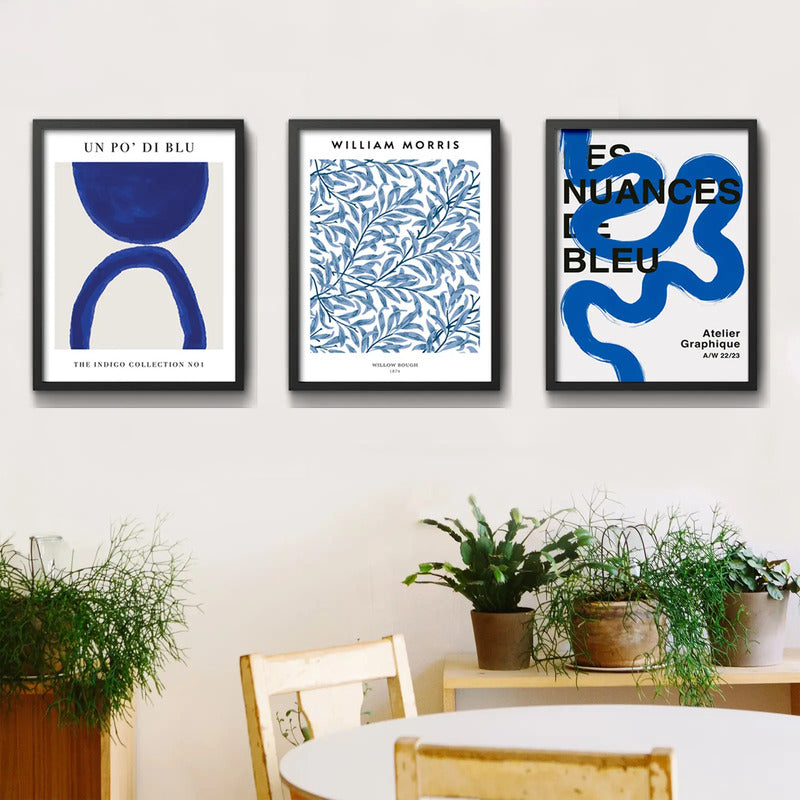 Set 3 Cuadros Dormitorio Living Indigo Abstract Tonos Azul Marco Negro