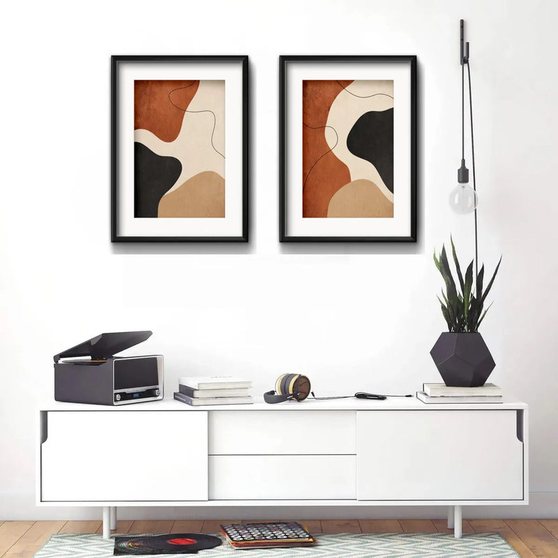 Set 2 Cuadros Boho Arte Abstracto Tonos Tierra Con Paspartu 53x43cm Cada Cuadro Negro