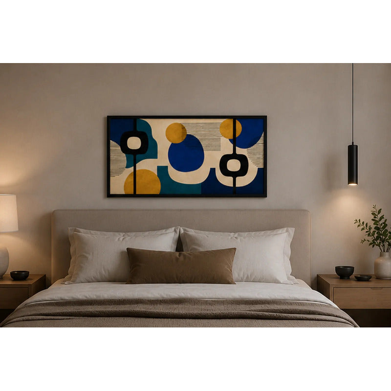 Cuadro Dormitorio Living Boho Abstracto Azul Dorado Grande Marco Negro