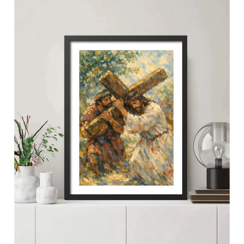 Cuadro Jesús Cristo Vía Crucis Estación Calvario Biblia Arte Simón De Cirene Ayuda A Jesús A Cargar La Cruz Negro
