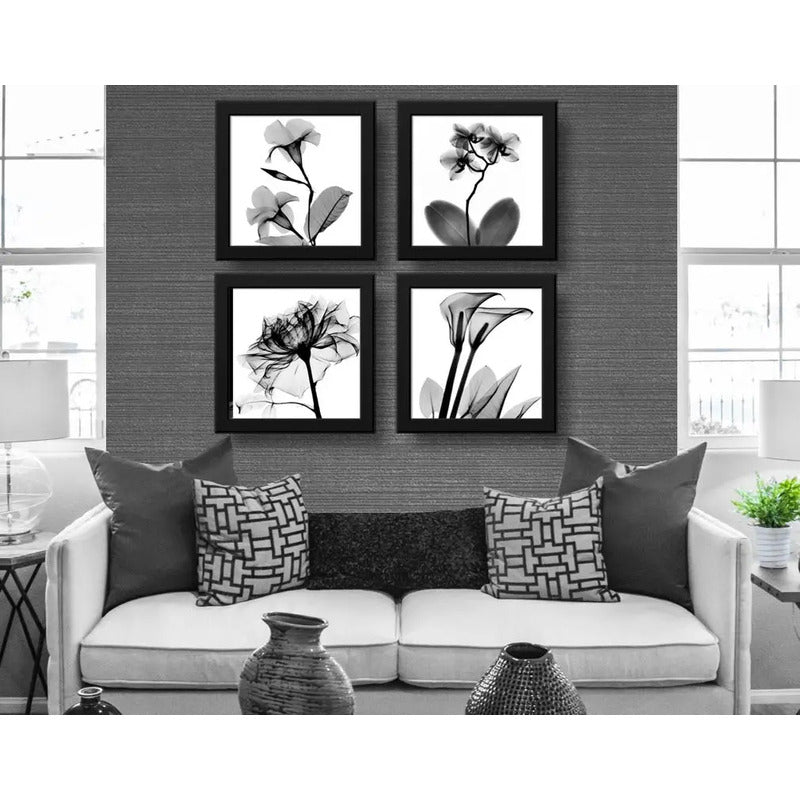 Set 4 Cuadros Flores Minimalista Blanco Y Negro - 33x33cm Marco Negro
