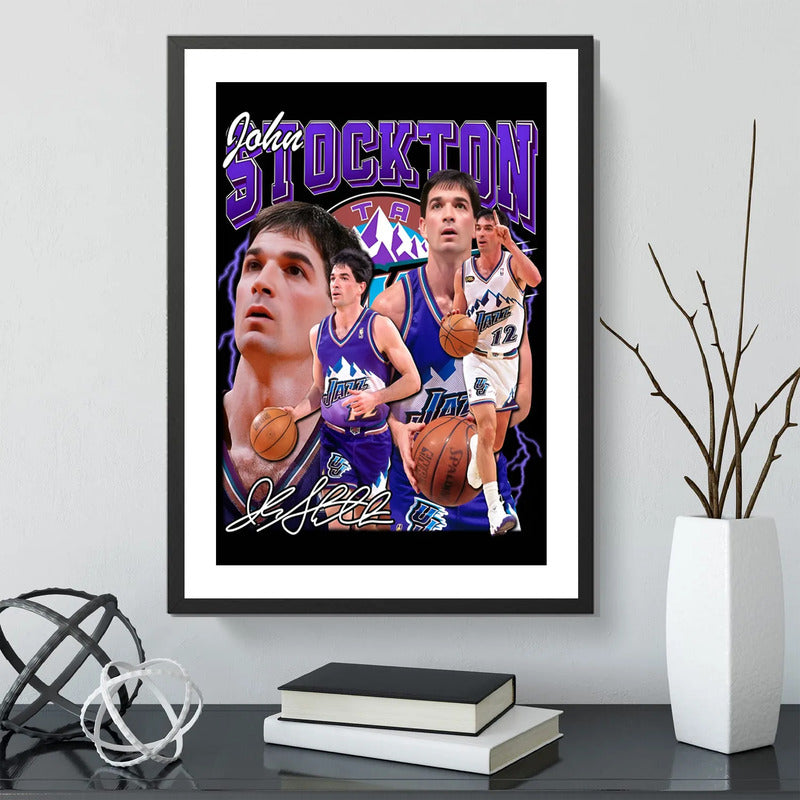 Cuadro John Stockton Utah Jazz Signature Basket Baloncesto Marco Negro