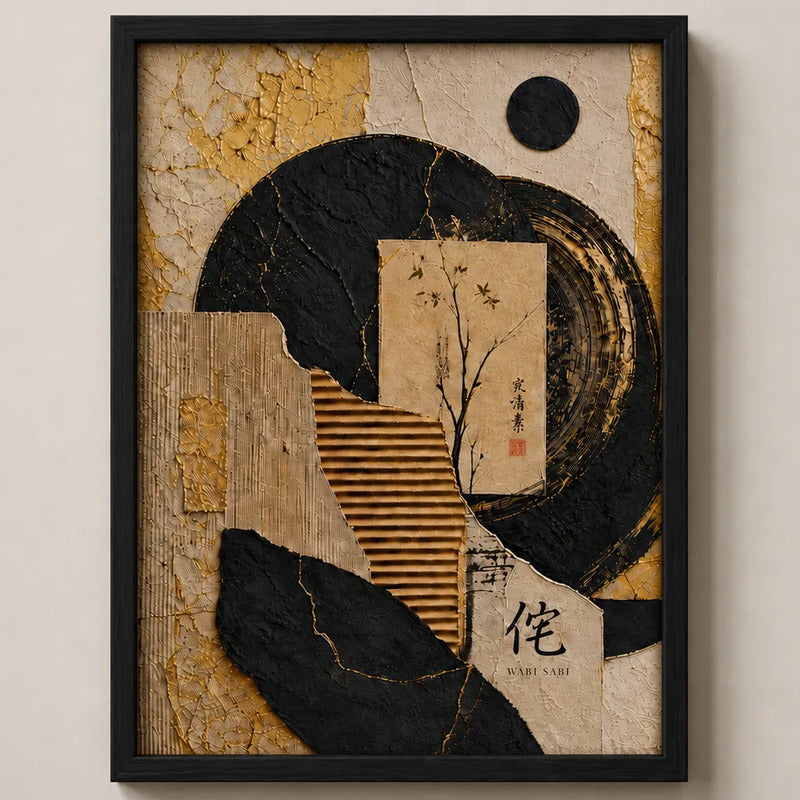 Cuadro Dormitorio Living Boho Abstracto Texturas Oro Brs2 Marco Negro