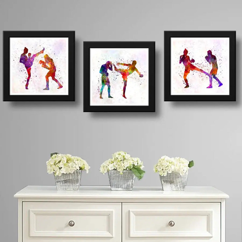 Set 3 Cuadros Artes Marciales Pop Art Mma Lucha Gym 33x33cm Marco Negro