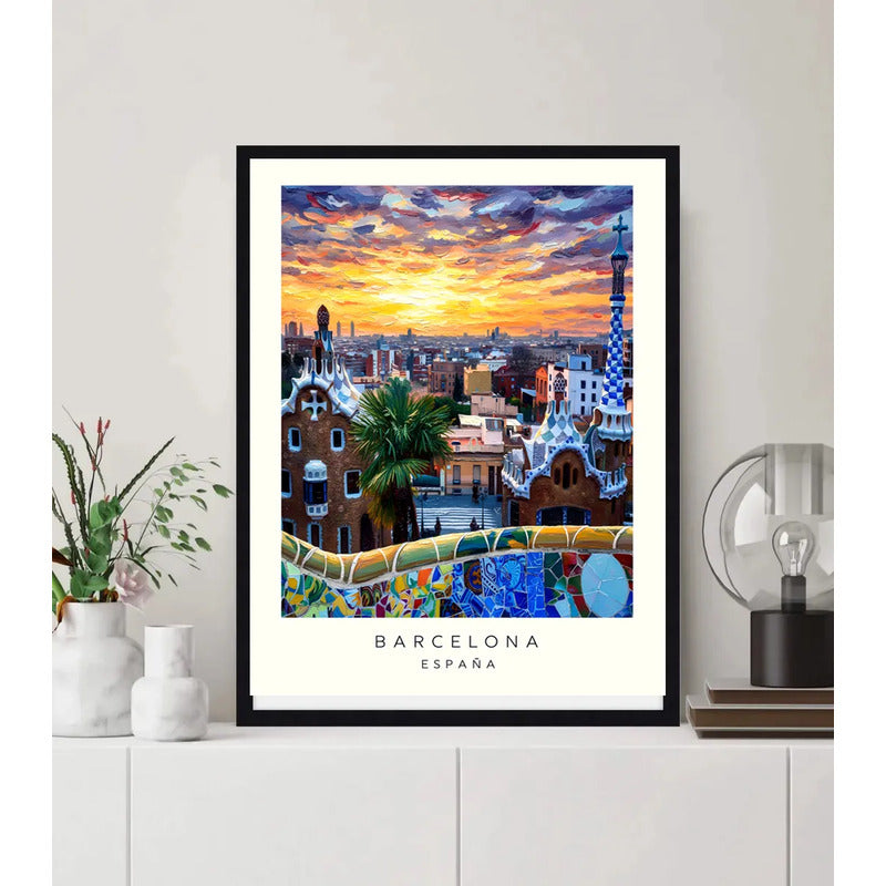 Cuadro Barcelona Espana Park Güell Casas Antiguas Paisajes Marco Negro