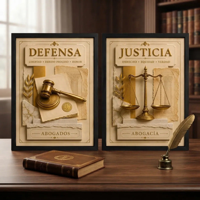 Set 2 Cuadros Temática Jurídica Abogado Justicia Efecto 3d Marco Negro